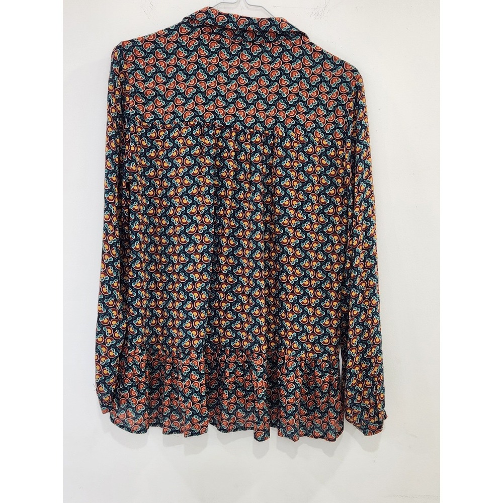 Maeve Anthropologie Floral Geometric Peplum Blouse Navy Orange Lace Trim Size 2 - Picture 3 of 5